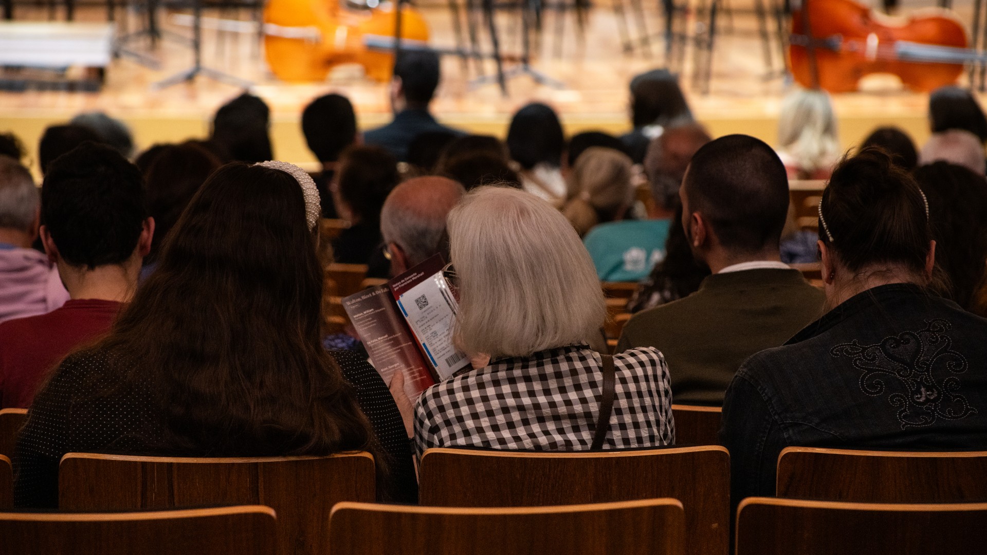 Imagem de um audit&oacute;rio visto de tr&aacute;s, com v&aacute;rias pessoas sentadas em cadeiras de madeira, assistindo a um evento. No centro, uma mulher de cabelos grisalhos veste uma camisa xadrez preta e branca, segurando um folheto ou programa do evento. Ao seu lado, outras pessoas tamb&eacute;m est&atilde;o sentadas, algumas conversando ou olhando para o palco. No fundo, desfocado, &eacute; poss&iacute;vel ver parte do palco, com instrumentos musicais, incluindo um contrabaixo, e cadeiras vazias, sugerindo um evento musical ou ensaio de orquestra. A ilumina&ccedil;&atilde;o do ambiente &eacute; aconchegante.